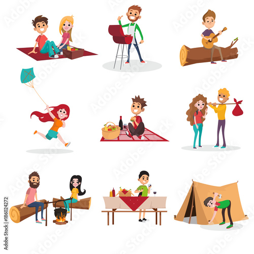 Summer time people activities on picnic, grill or barbecue, man and woman sitting by the fire, boy pitching a tent, girl running with kite. Vector character set.
