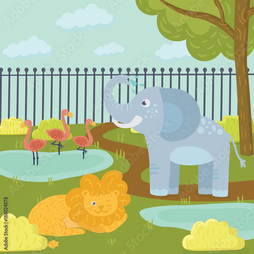 Funny cartoon animals in zoo park. Flamingos in pond, elephant spraying water, lion lying on grass. Trees, bushes and fence on background. Flat vector for book, print or poster