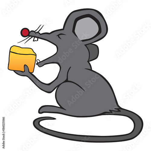 A gray cartoon mouse is eating a piece of cheese