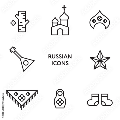 Russian flat line icon set. Culture Signs Russia