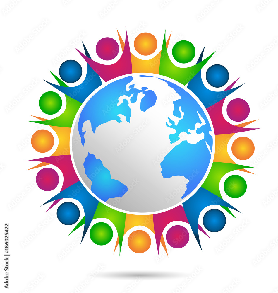 Vector teamwork of happy people concept of community,workers,unity,social networking icon image logo template around world Vector teamwork of happy people concept of community,workers,unity,social networking icon image logo template around world
