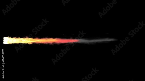 Animated realistic exhaust flame with smoke of rocket, jet engine or other propulsion burning solid fuel. Longer tail and high speed. Isolated on black background, mask included.