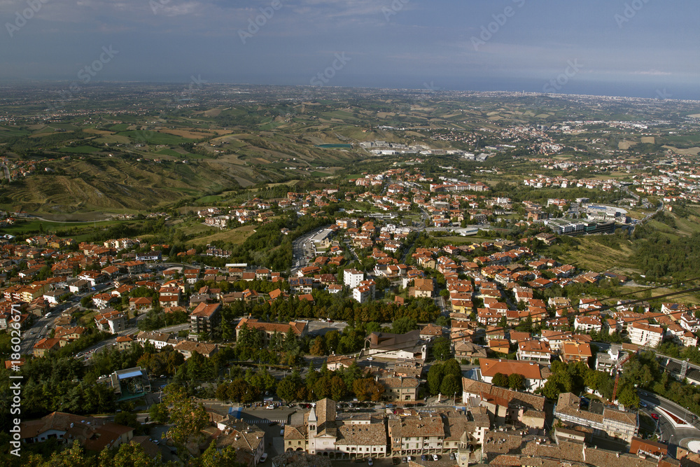 View of San Marino panorama of Borgo Maggiore . From a bird's eye view .