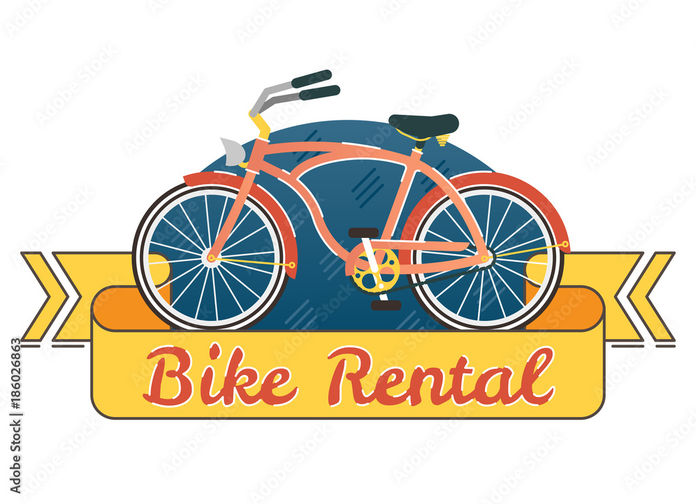 Bike rental vector logo badge with retro bike and yellow ribbon