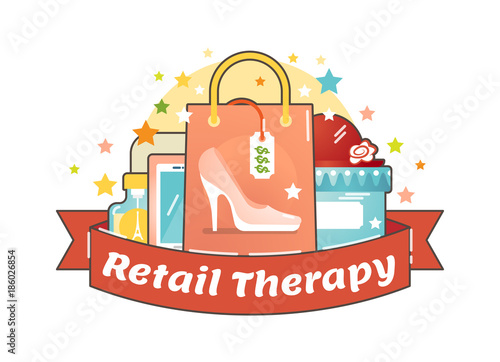Retail therapy shopping concept, making compulsive purchases in order to improve persons mood. Illustrated vector badge. 
