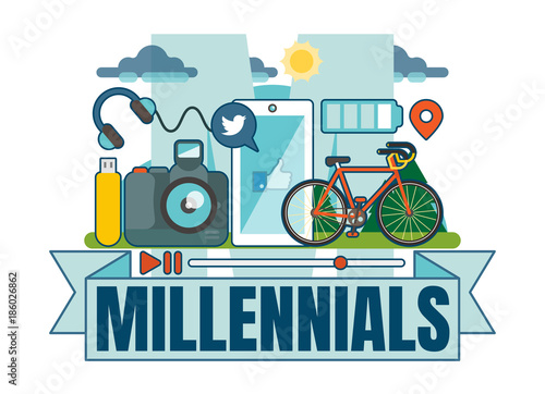 Illustrated Millennial vector badge with scene including photo camera, smartphone, USB drive, earphones, bike and sky. 
