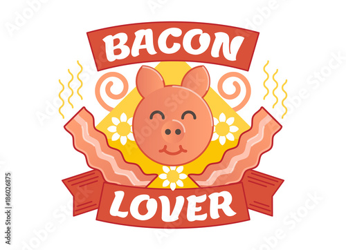 Bacon lover illustrated vector badge with a pig and bacon.
