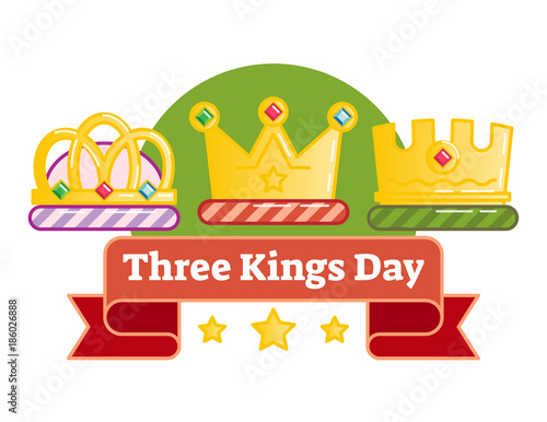 Celebrating Three kings day or Epiphany, illustrated vector logo badge with three crowns and red ribbon 
