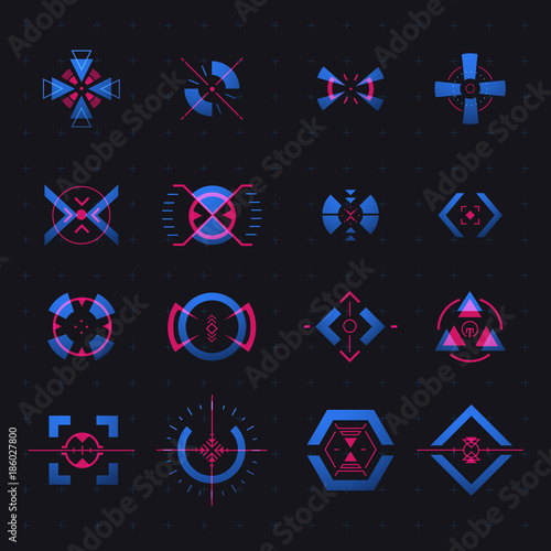 Set of isolated vector aim of sniper weapon, shooting marks, game target. Futuristic hud elemets for crosshair, radar location, accuracy sign for ui. Military, aiming, gun,rifle. Radar theme
