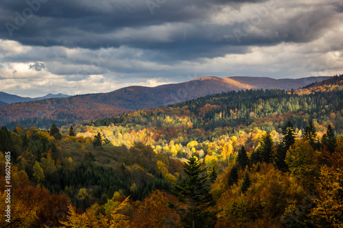 Fototapeta Naklejka Na Ścianę i Meble -  Bieszczady mountains at autumn from Szczerbanowka tower, Podkarpackie, Poland