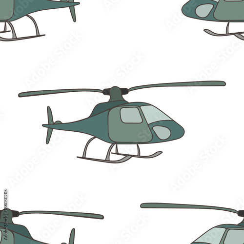 Helicopter vector seamless pattern isolated on white background. Helicopter takes off or sits down. Minimalist design, print in flat style. Copter, chopper sign.