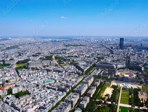 aerial panorama of the Montparnasse tower, hotel des Invalides. Paris at sunset, France