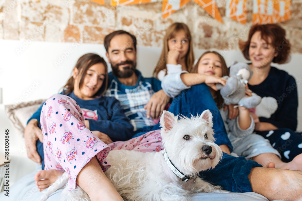 Mature couple relaxed at home in bed with their four little daughters and the Dog. Mature couple relaxed at home in bed with their four little daughters and the Dog.