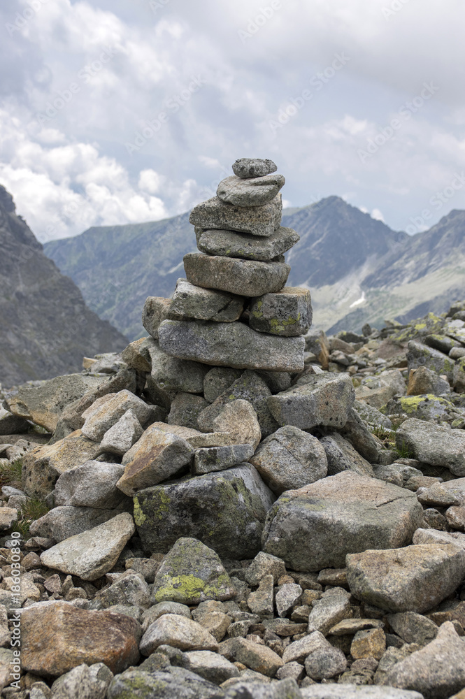 Stone cairns in Tatra mountains, Slovakia, harmony and balance under mount Rysy Stone cairns in Tatra mountains, Slovakia, harmony and balance under mount Rysy
