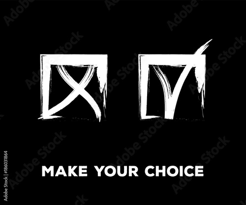 Yes and No Vector Set Square Frames, Isolated.  Hand Painted Election, Quizz, Voting, Test Symbols. Ink Brush Rejection and Approval, Query Choice Icons. Yes and No Tick and Cross Symbolic Marks.
