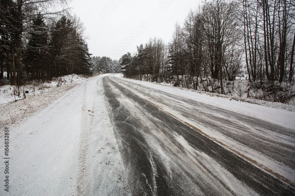 Winter rural route, the snow road.