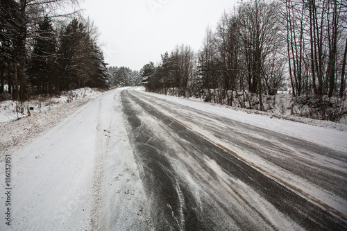 Winter rural route  the snow road.