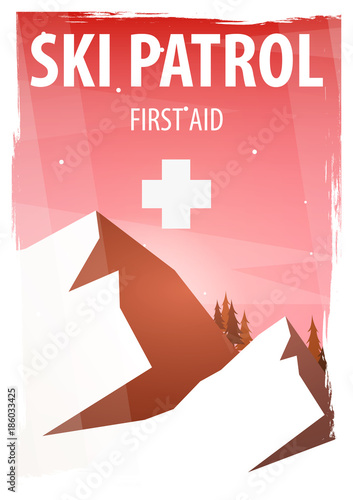 Winter Sport. Ski Patrol. Mountain landscape. Snowboarder in motion. Vector illustration.