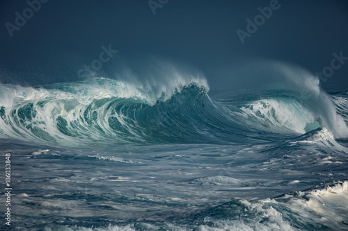 Fototapeta Naklejka Na Ścianę i Meble -  Huge waves crashing in ocean. Seascape environment background. Water texture with foam and splashes. Hawaiian surfing spots with nobody