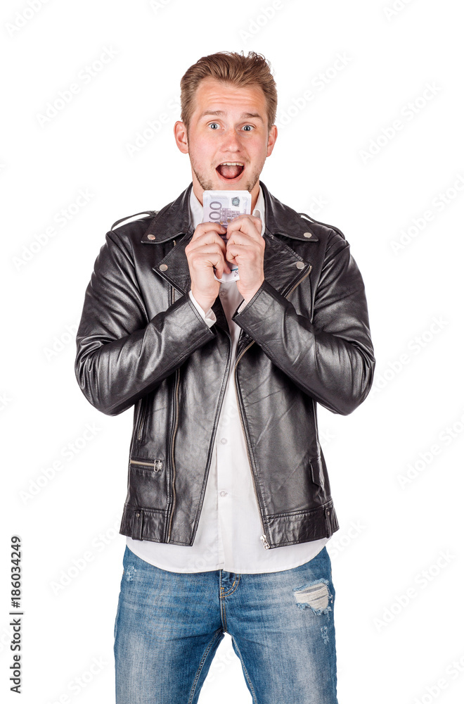 young male holding money on white studio background. people and lifestyle concept. young male holding money on white studio background. people and lifestyle concept.