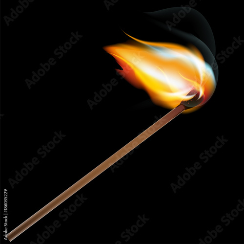 Burning match on a black background. Vector design