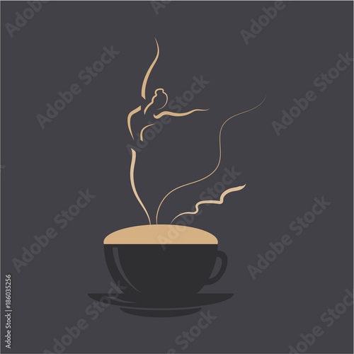 Ballerina dancing on cappuccino foam. Coffee cup with dancing wonan dancer. Vector illustration logo