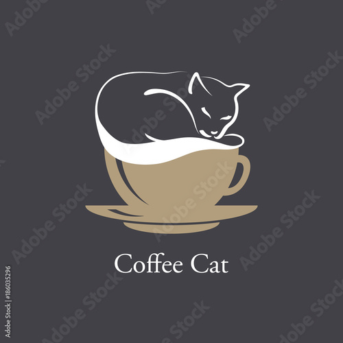 A silhouette of cat sleeping on coffee foam. Vector image