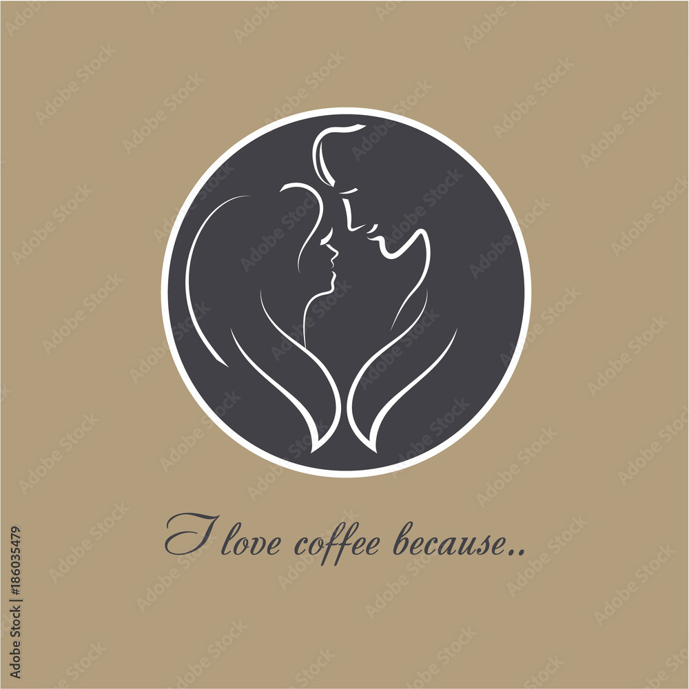 Vector logo Coffee Love. Two silhouettes of a romantic couple in love. A coffee cup top with image of young female and male Vector logo Coffee Love. Two silhouettes of a romantic couple in love. A coffee cup top with image of young female and male