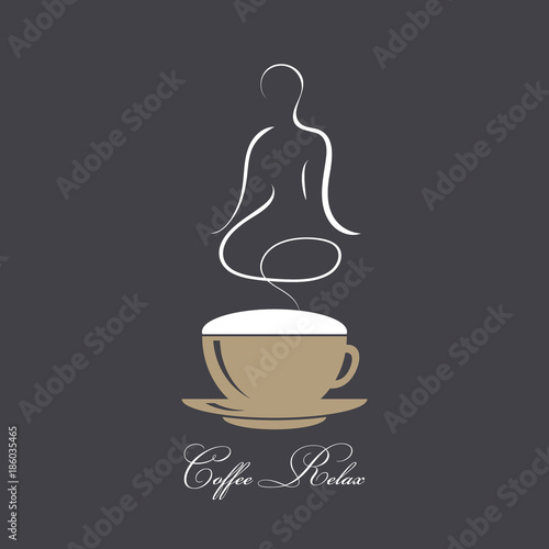 Steaming coffee with silhouette of a body in yoga lotus assana. Concept of coffee and relaxation. Coffee time, break, rest. Vector image in coffee style on dark background