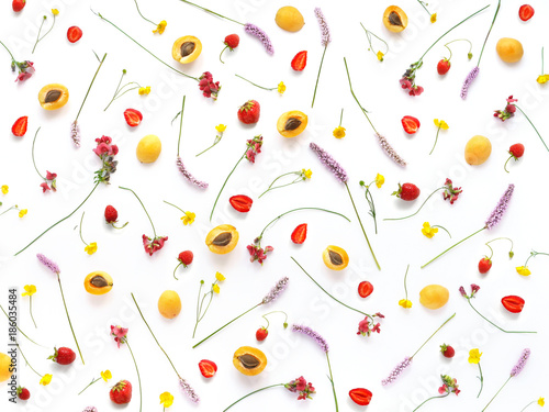 Composition from plants, wild flowers and red berries, isolated on white background. Strawberry, apricots pattern, flat lay, top view. The concept of summer, spring, Mother's Day, March 8.
