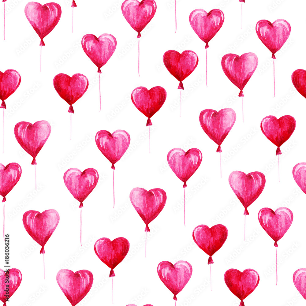 Watercolor St Valentines Day pattern. Romantic pink balloons in shape hearts. For card, design, print or background