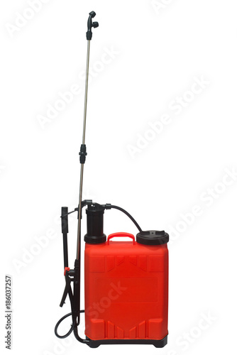 Pesticide, herbicide sprayer for working in the garden and vegetable garden isolated on a white background. Manual, for the destruction of pests and insects