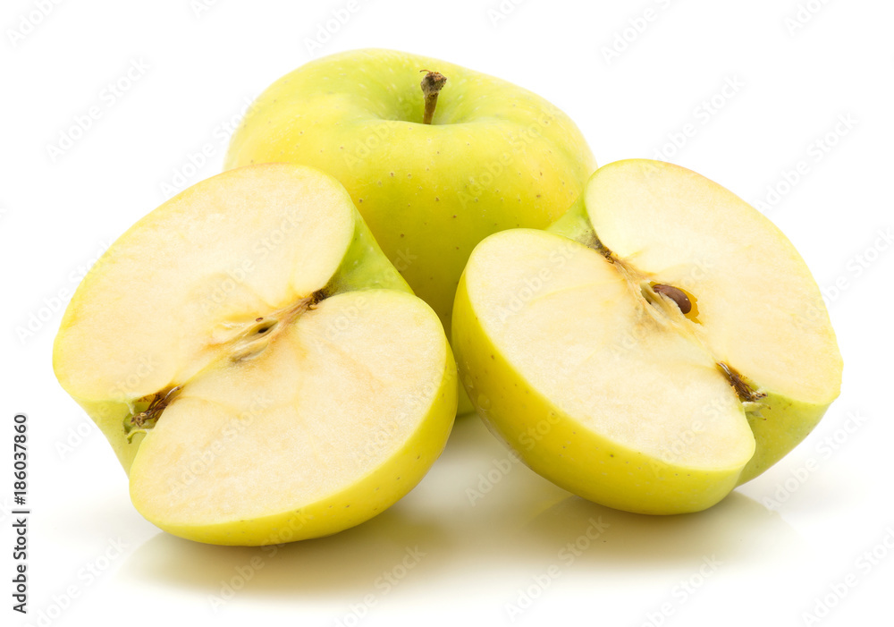 Apples (Smeralda variety) isolated on white background green yellow one whole one cut in half two cross section halves. Apples (Smeralda variety) isolated on white background green yellow one whole one cut in half two cross section halves.