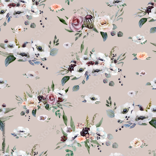 Wedding seamless pattern white and purple flowers ornament
