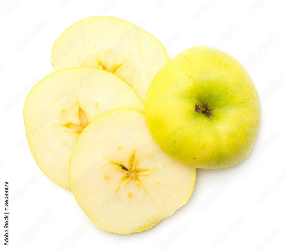 Sliced apple (Smeralda variety) isolated on white background top view four rings. Sliced apple (Smeralda variety) isolated on white background top view four rings.