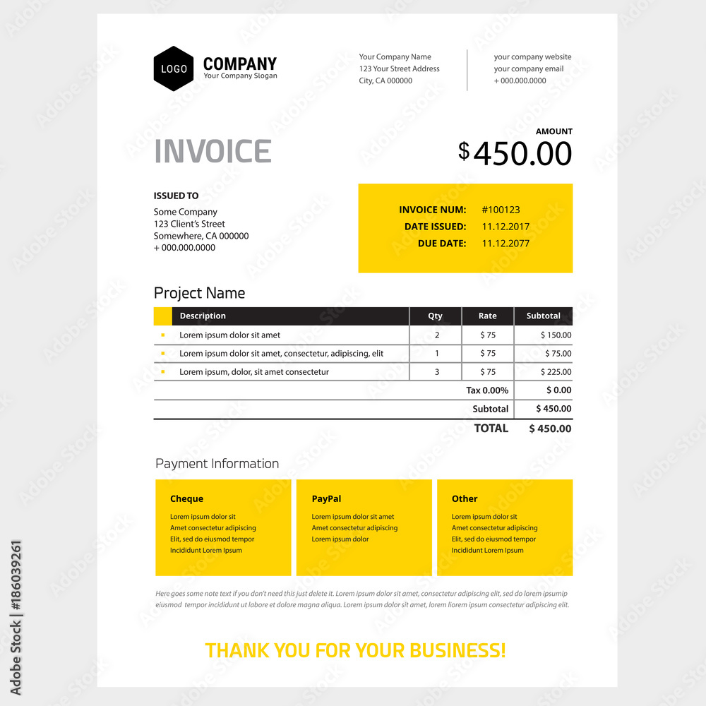 Invoice form design template - yellow and black color