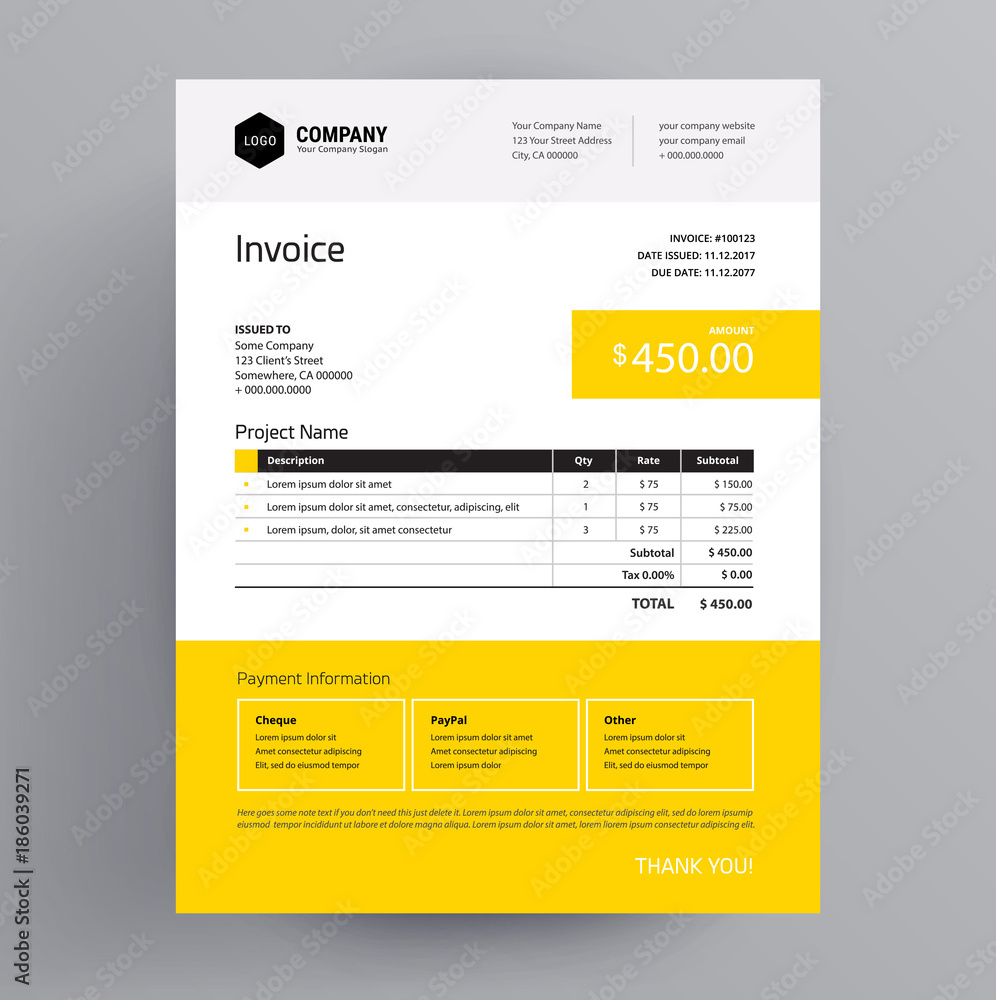 Invoice template design - yellow color - us letter