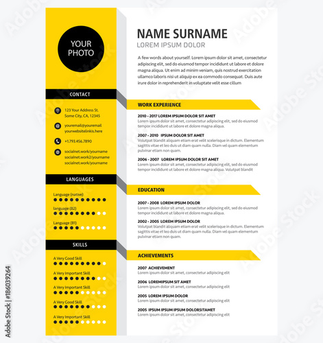 Creative CV / resume template yellow color minimalist vector