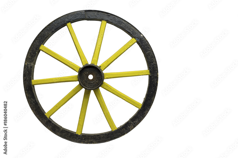 Old fashioned yellow wheel, isolated on white background.