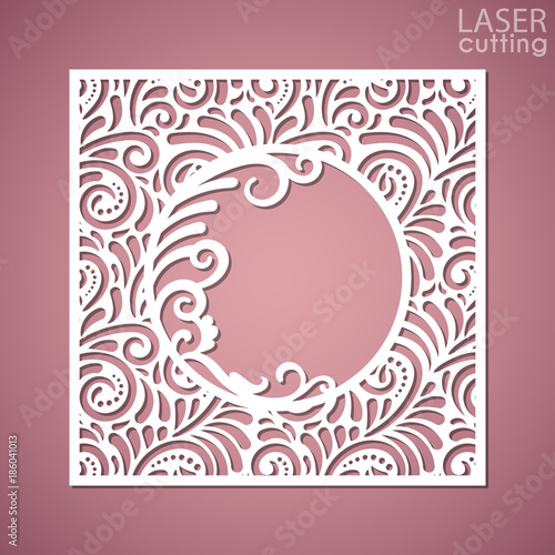 A square panel with lace pattern and round frame in the center. Template for interior design, layouts wedding cards, invitations. Image suitable for laser cutting, plotter cutting or printing.