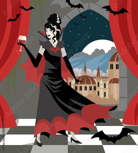 evil woman vampire with blood cup