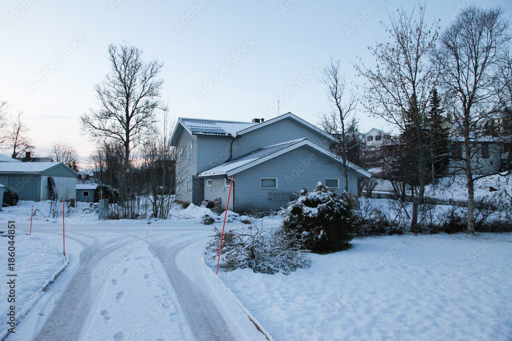 village on the shore of lake in winter