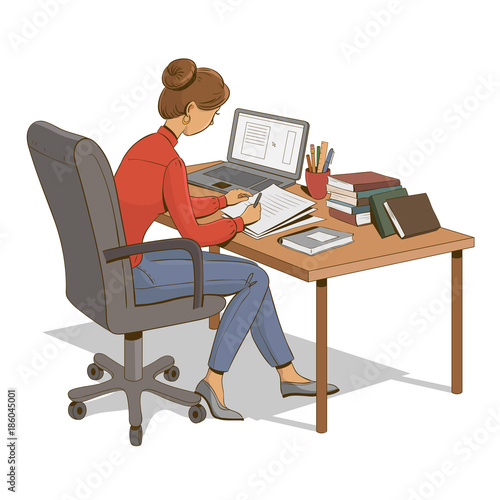 Girl is sitting at a table with laptop, books and documents. Vector illustration.