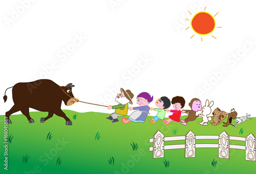 牛の世話をする畜産家族と動物たち