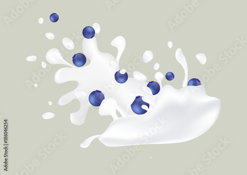 Berries falling on milk splash. Vector illustration.