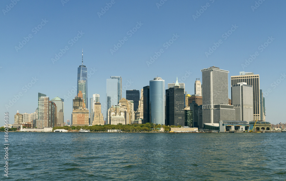 View of Manhattan skyscrapers from the sea side View of Manhattan skyscrapers from the sea side