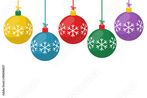 Christmas balls. Vector illustration flat design. Holiday decoration. Happy New Year's and Merry Christmas. Color sphere. Celebration background.