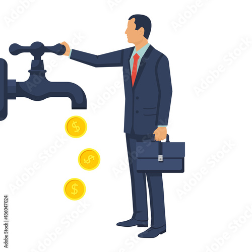 Cash flow concept. Vector illustration flat design. Isolated on white background. Businessman open water tap, gold coins fall. Catch money hand. Finance faucet. Achievement success.