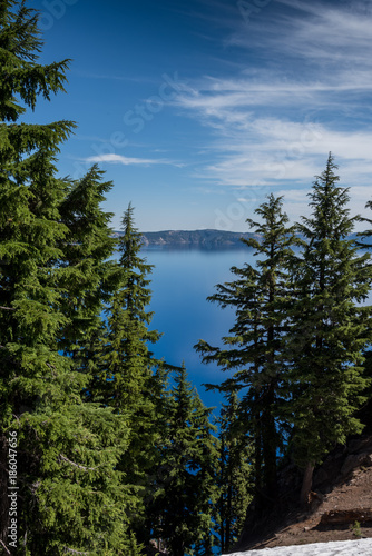 Blue Waters of Crater Lake Peeking Through Pine Trees