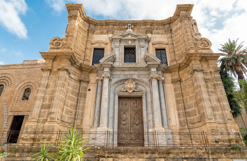 View of the baroque facade with the Romanesque belltower of Santa Maria dell'Ammiraglio Church known as Martorana Church, Palermo, Italy